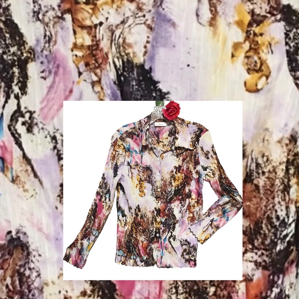 VTG NAOMI MULTI COLOR CRINKLE BUTTON UP TOP LONG SLEEVE LETTUCE HEM MED